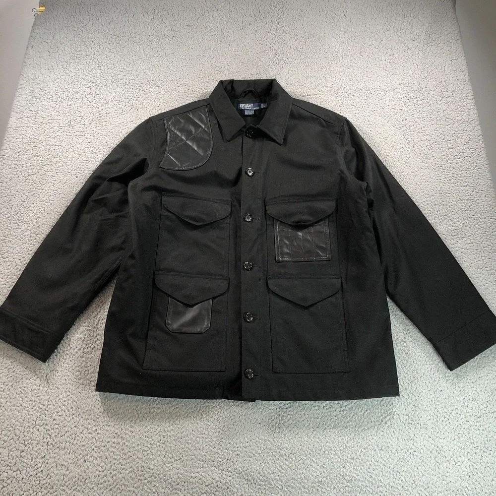 Polo Ralph Lauren Jacket Adult L Black Oiled Waxed Canvas Shooting Leather Chore